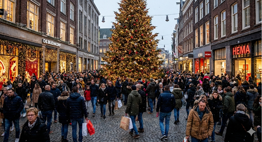 De psychologie van de Kerstman: hoe de feestdagen marketing en consumentengedrag sturen. 
een grote kerstboom met winkelende mensen tussen winkels in de kerstperiode.